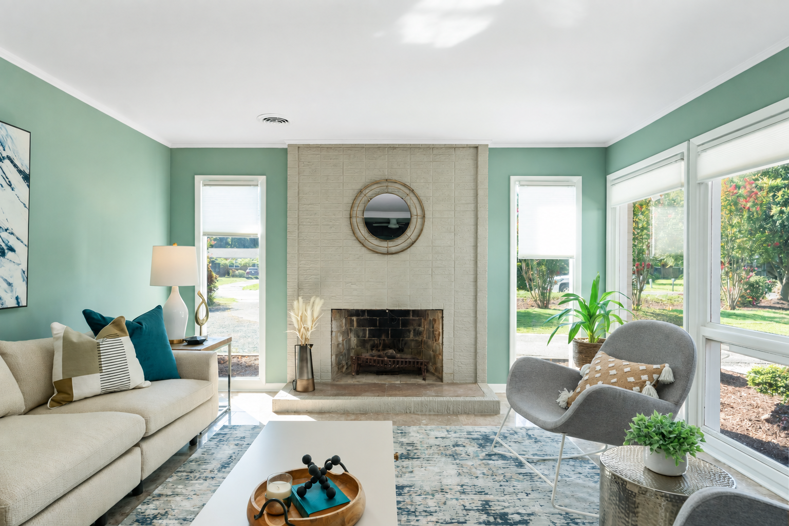 home staging with warm neutrals and muted blue accents