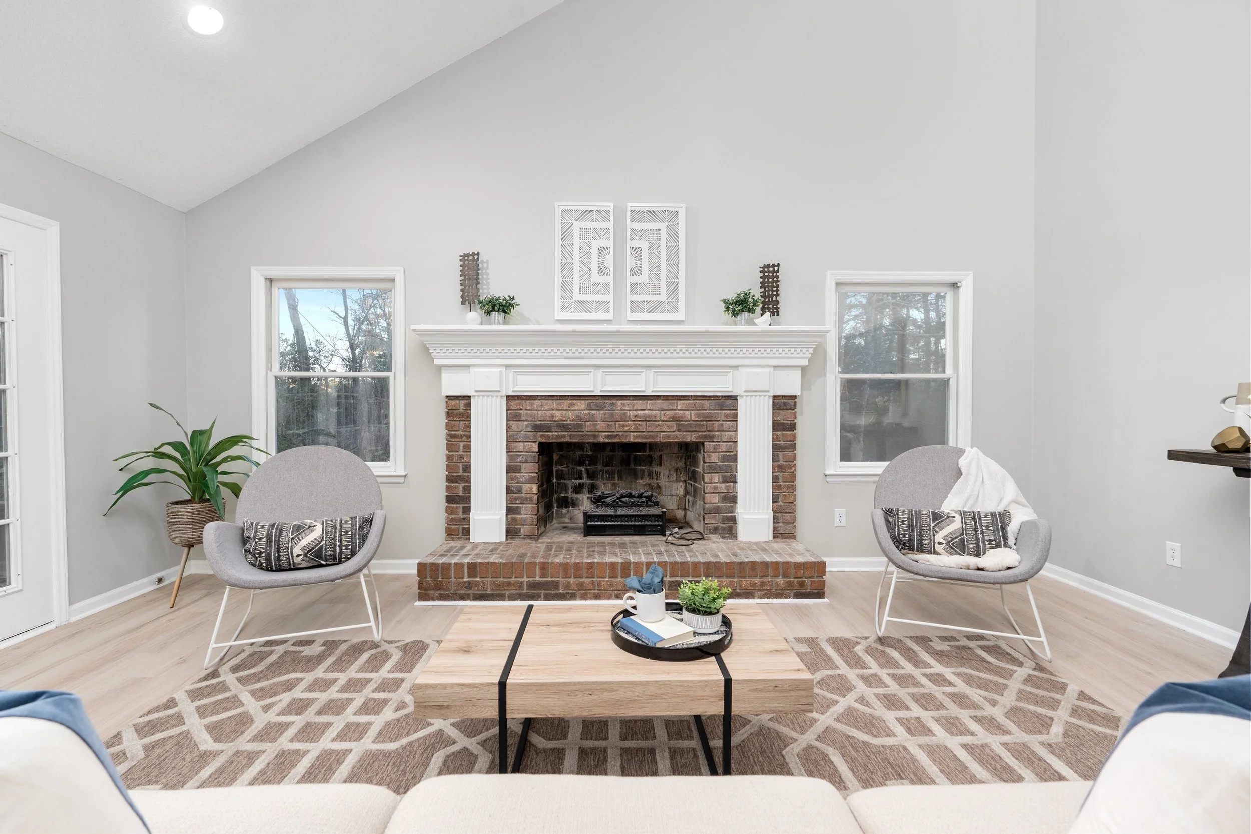 Cozy living room staged with neutral color palette