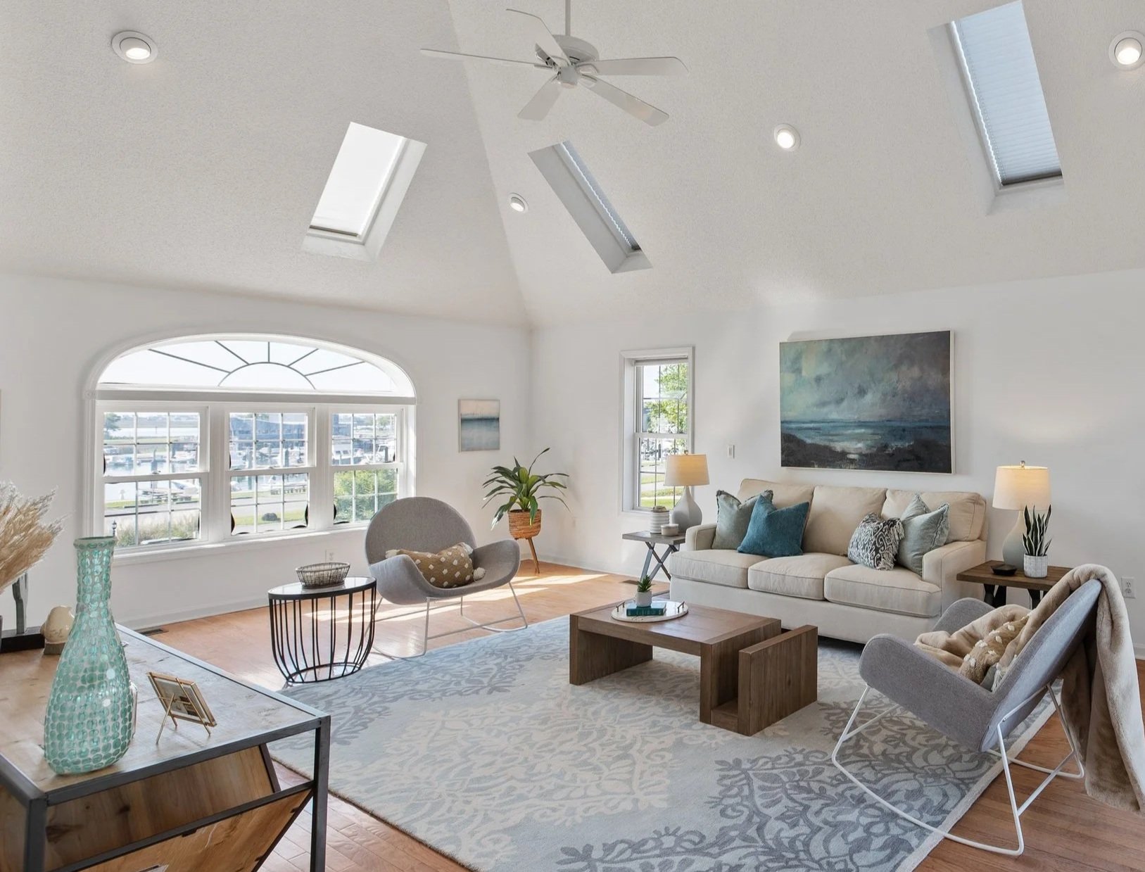 Staged living room to show furniture placement for buyers