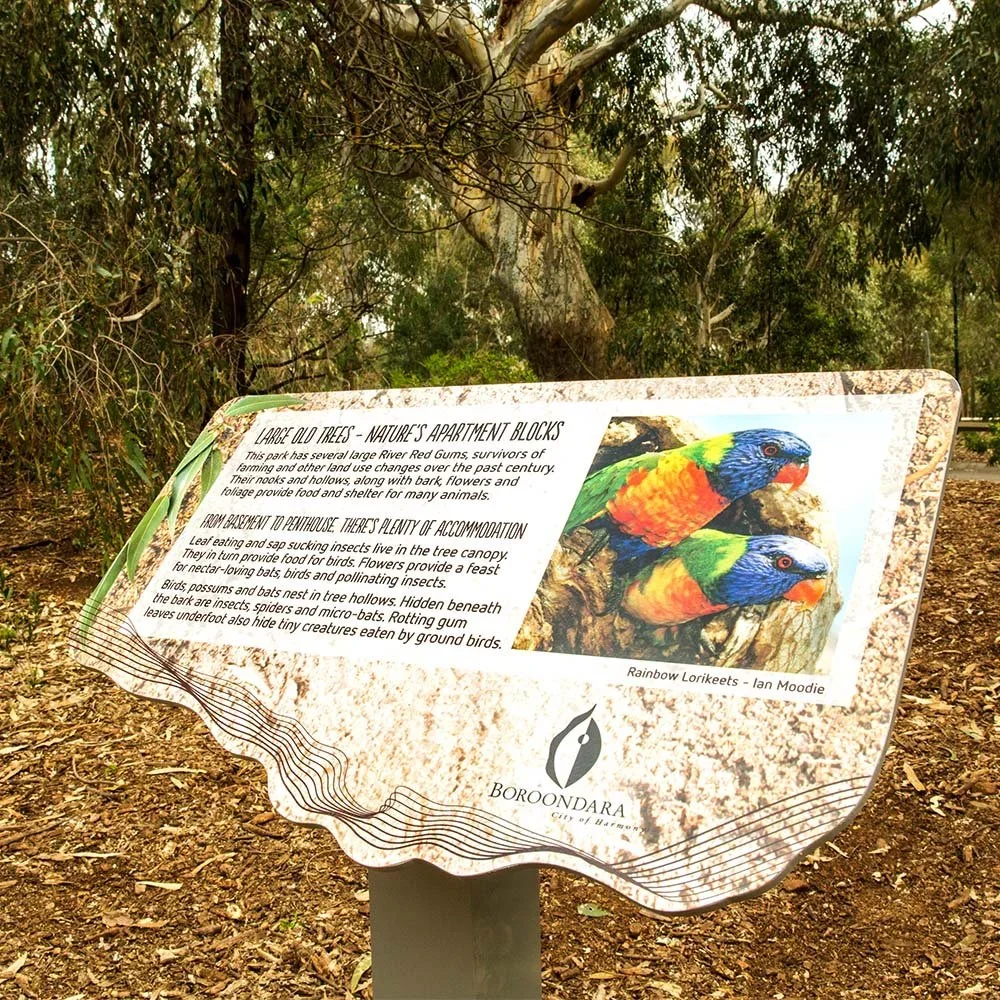 boroondara-parks-rainbow-lorikeet-freestanding-interpretive-sign-board.webp