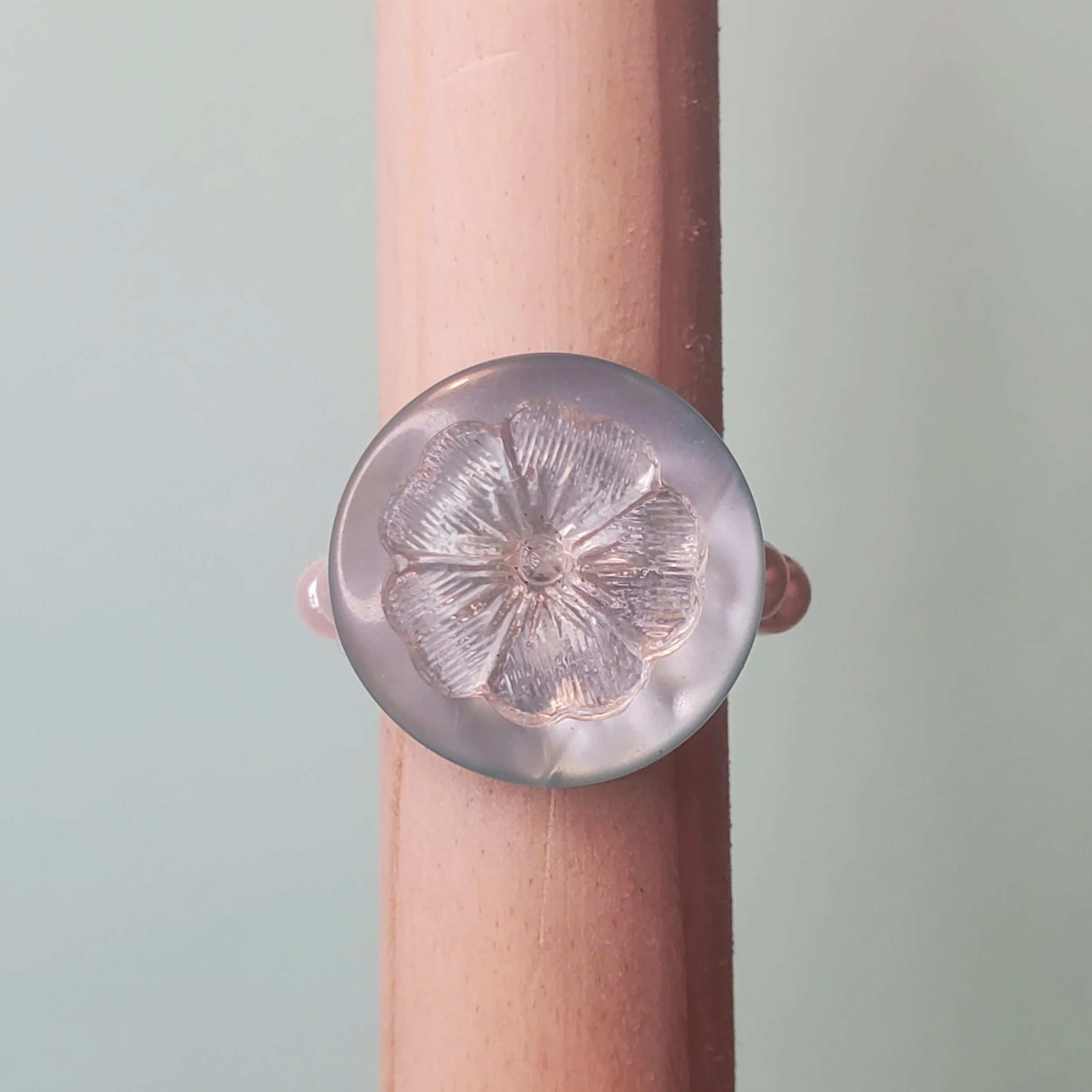 Blue Button and Flower Beaded Ring