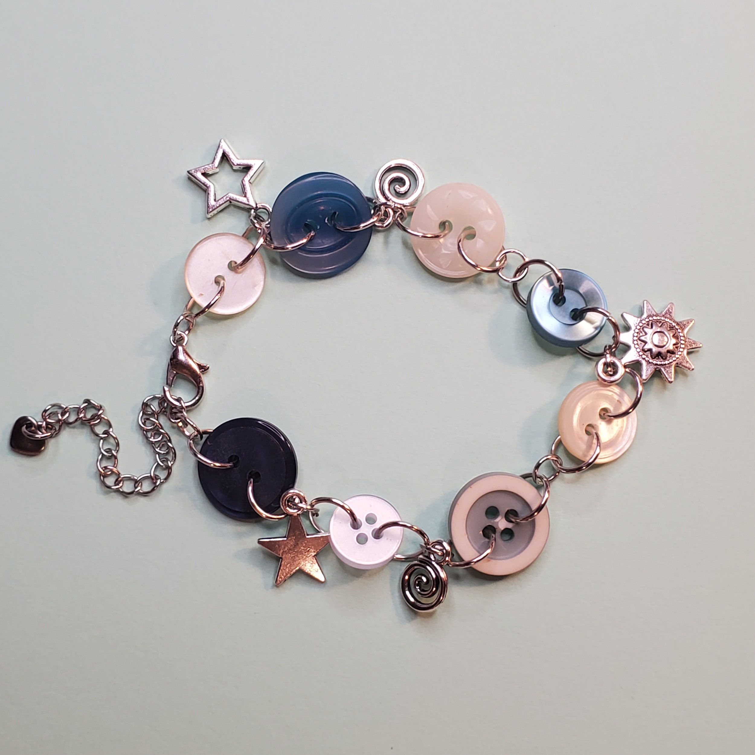 Blue and White Button Bracelet with Charms