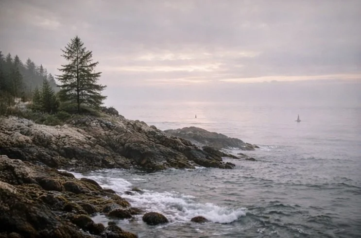 Rocky coastline with pine trees on the left, waves crashing against rocks, and sailboats on the calm ocean under a cloudy sky during sunset.