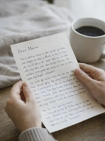 A person holding a handwritten letter titled 'Dear Maine' while sitting at a table with a cup of black coffee.