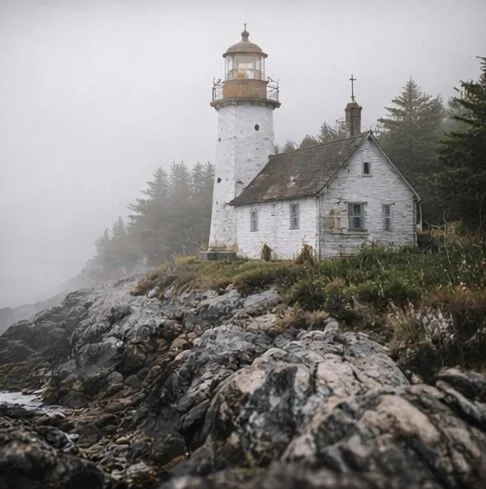A lighthouse and a small white church on rocky shoreline surrounded by fog and trees.