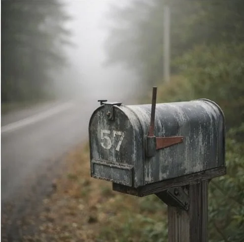 Rusty, old mailbox with the number 57, on a rural roadside with trees and fog in the background.