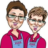 Two women with short hair and glasses wearing pink uniforms and name tags