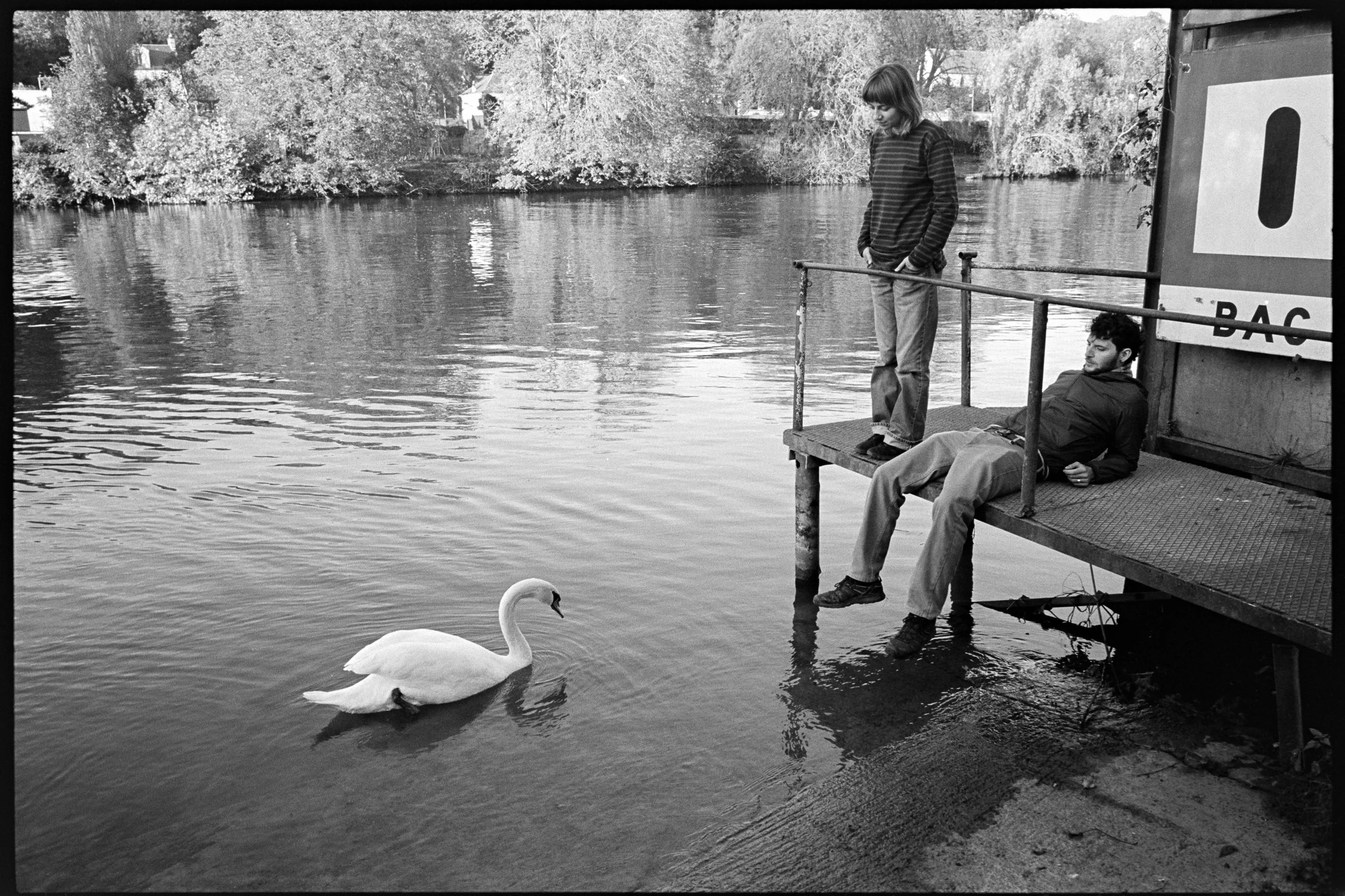 Un jeune homme et une jeune femme sont assis sur une plateforme en bord d'eau, observant un cygne dans la rivière.