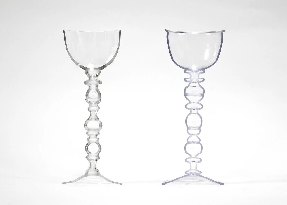 Made with Brooke Breckner, Goblet of thin, clear glass with a high knopped stem, blown glass and 3D printed plastic
