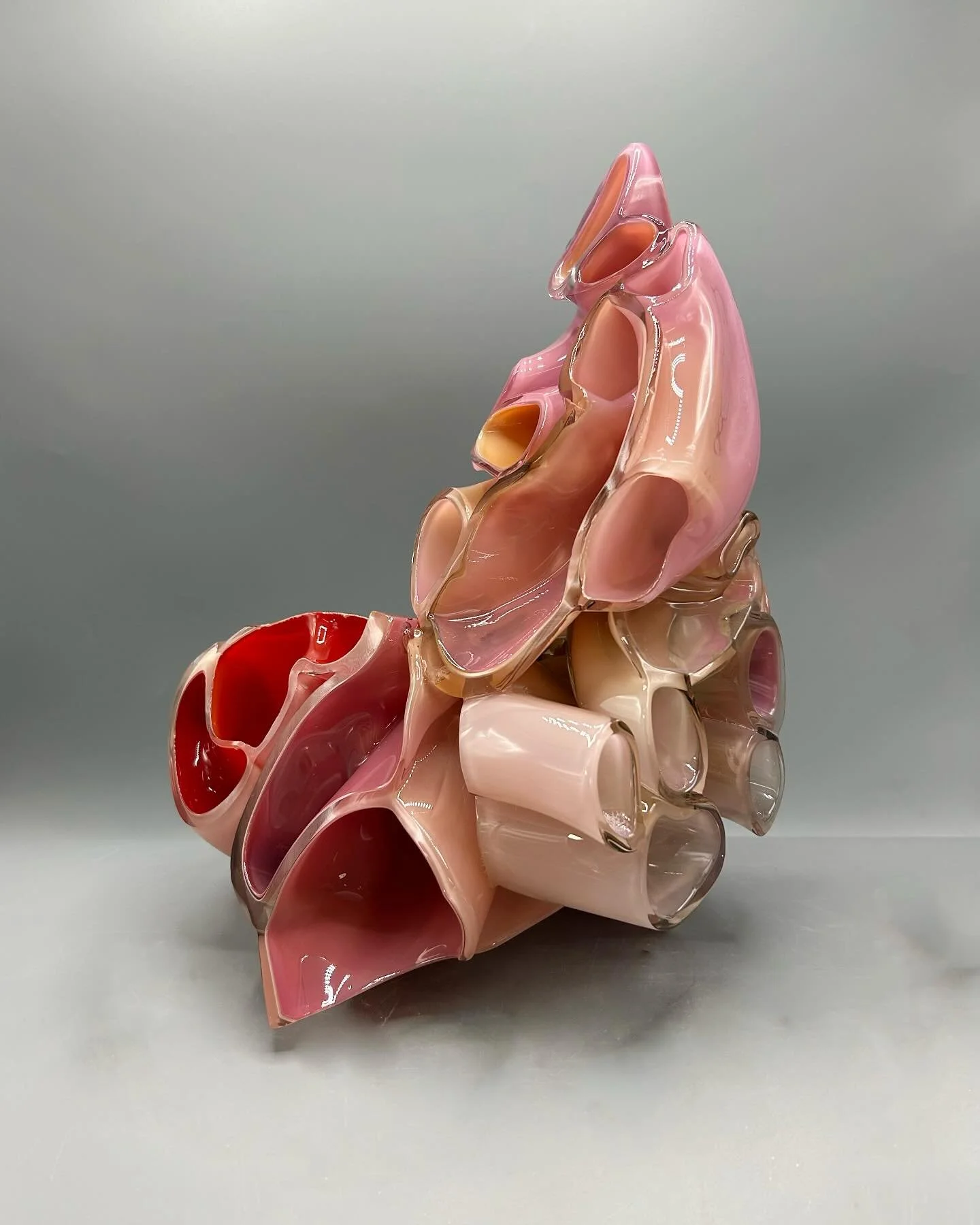Epigastric 2025 Blown, cut, and assembled glass 12 &times; 9.5 &times; 8 inches
*
Named after the region of the upper abdomen, Epigastric draws from the body&rsquo;s visceral center, where &ldquo;gut&rdquo; sensations of desire, repulsion, instinct, 