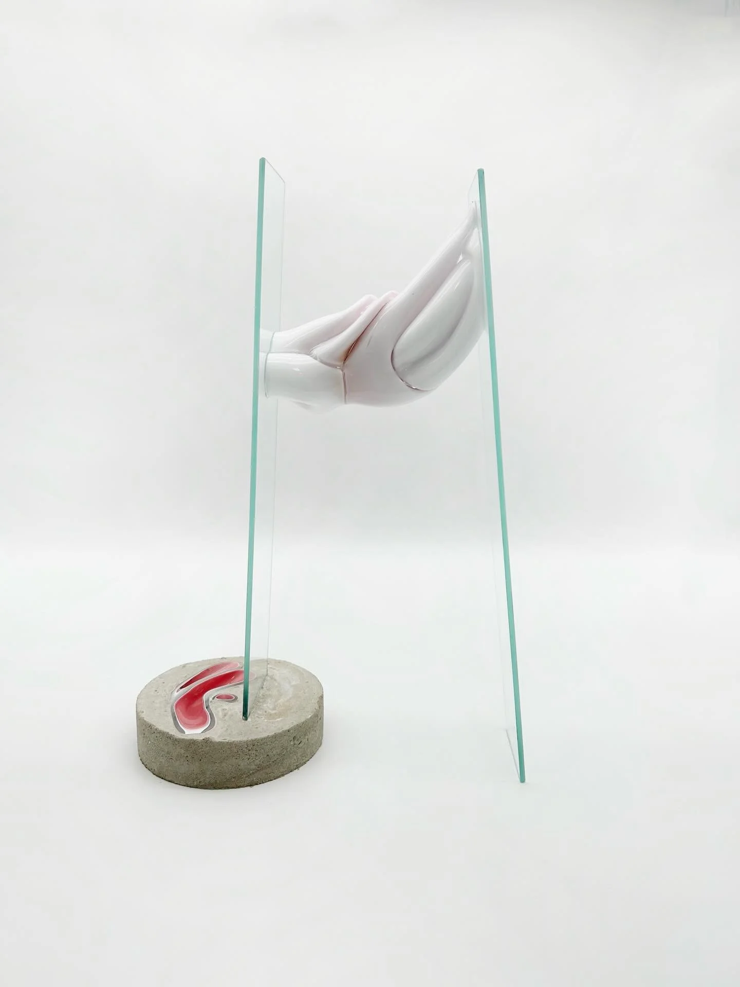 This is a piece I&rsquo;ve been waiting to make for a long time. Thinking about how bodies exist in architecture that controls, surveils, and collapses. Feels like a beginning. 
*
Bridge 
2026 
15 x 8 x 24 
Blown and cut glass, sheet glass, cement 
*