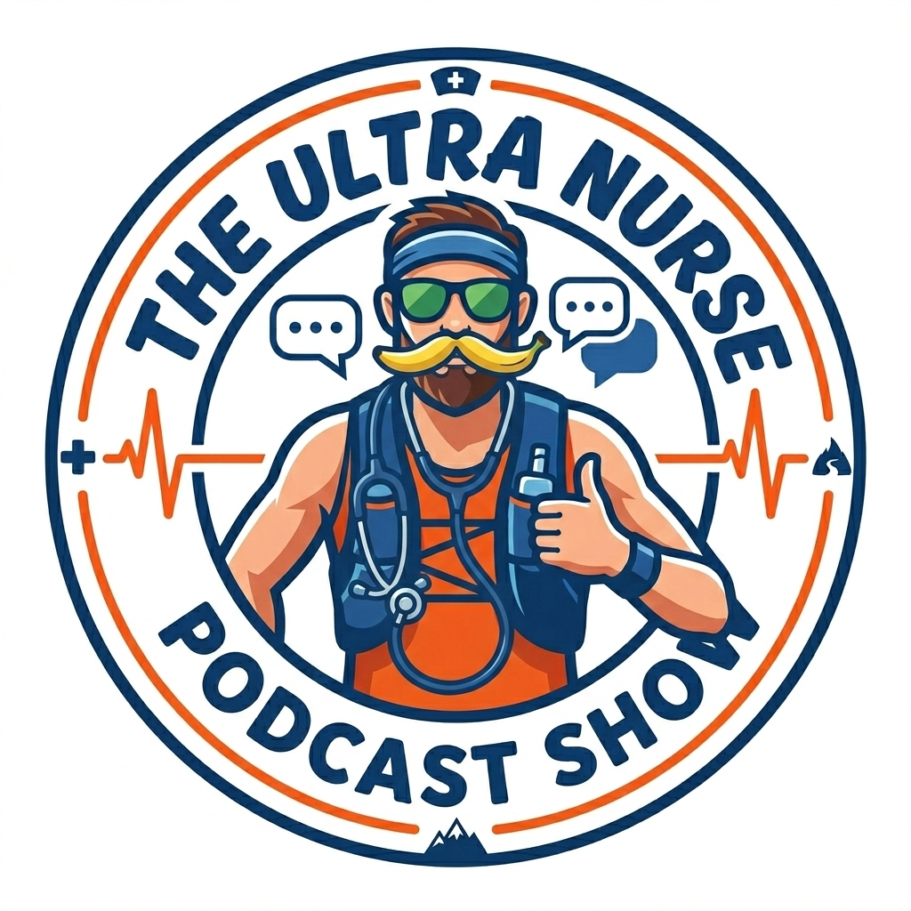 Logo for 'The Ultra Nurse Podcast Show' featuring a cartoon of a nurse with sunglasses, a mustache, wearing an orange shirt, a stethoscope, and a backpack, giving a thumbs up, with speech bubbles and medical symbols around him.