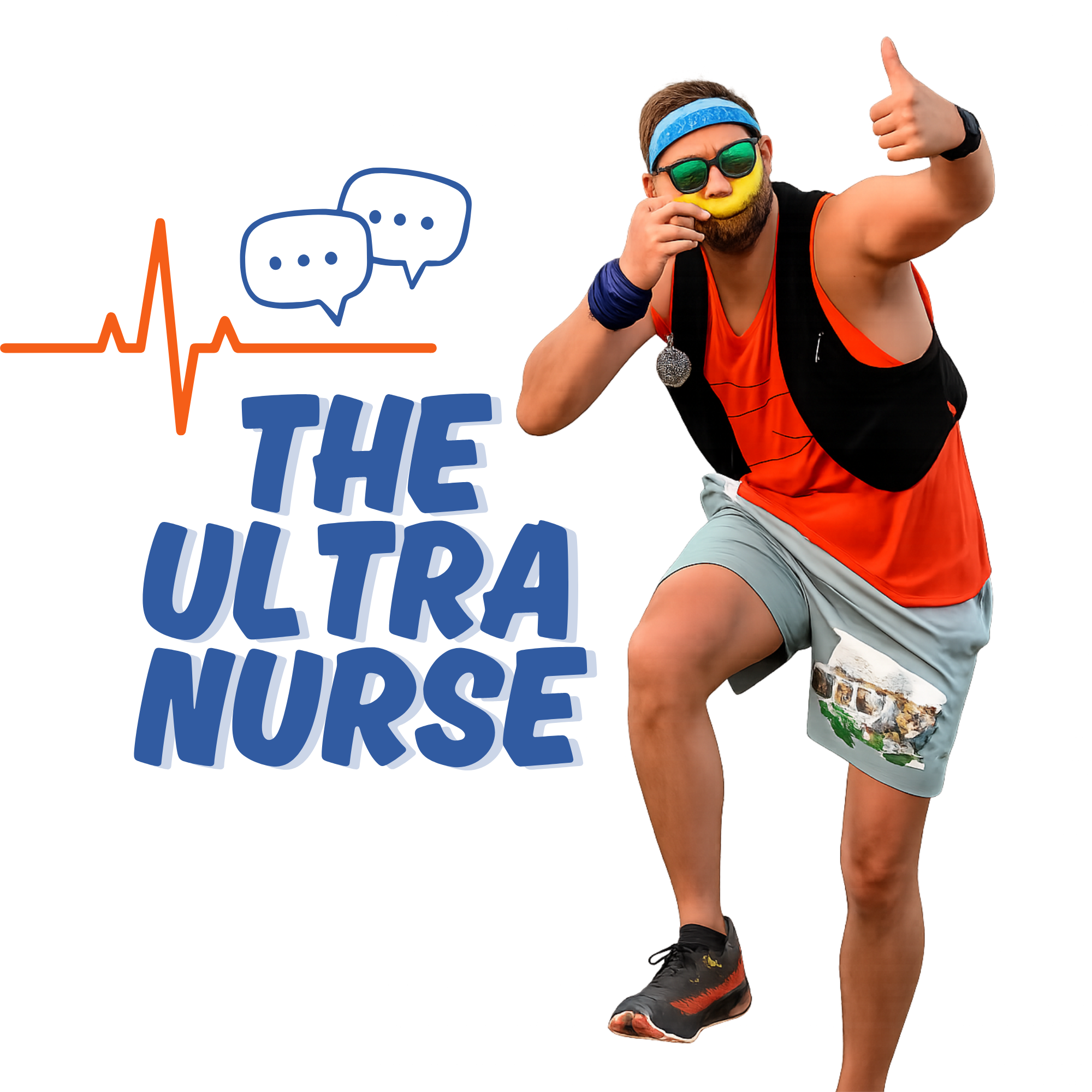 A man dressed in athletic gear, including a blue headband, dark sunglasses, and a bright orange and black sports shirt, is showing a thumbs-up gesture with one hand and holding his finger near his lips with the other. Part of a colorful logo with speech bubbles, a red heartbeat line, and partially visible text is visible next to him.
