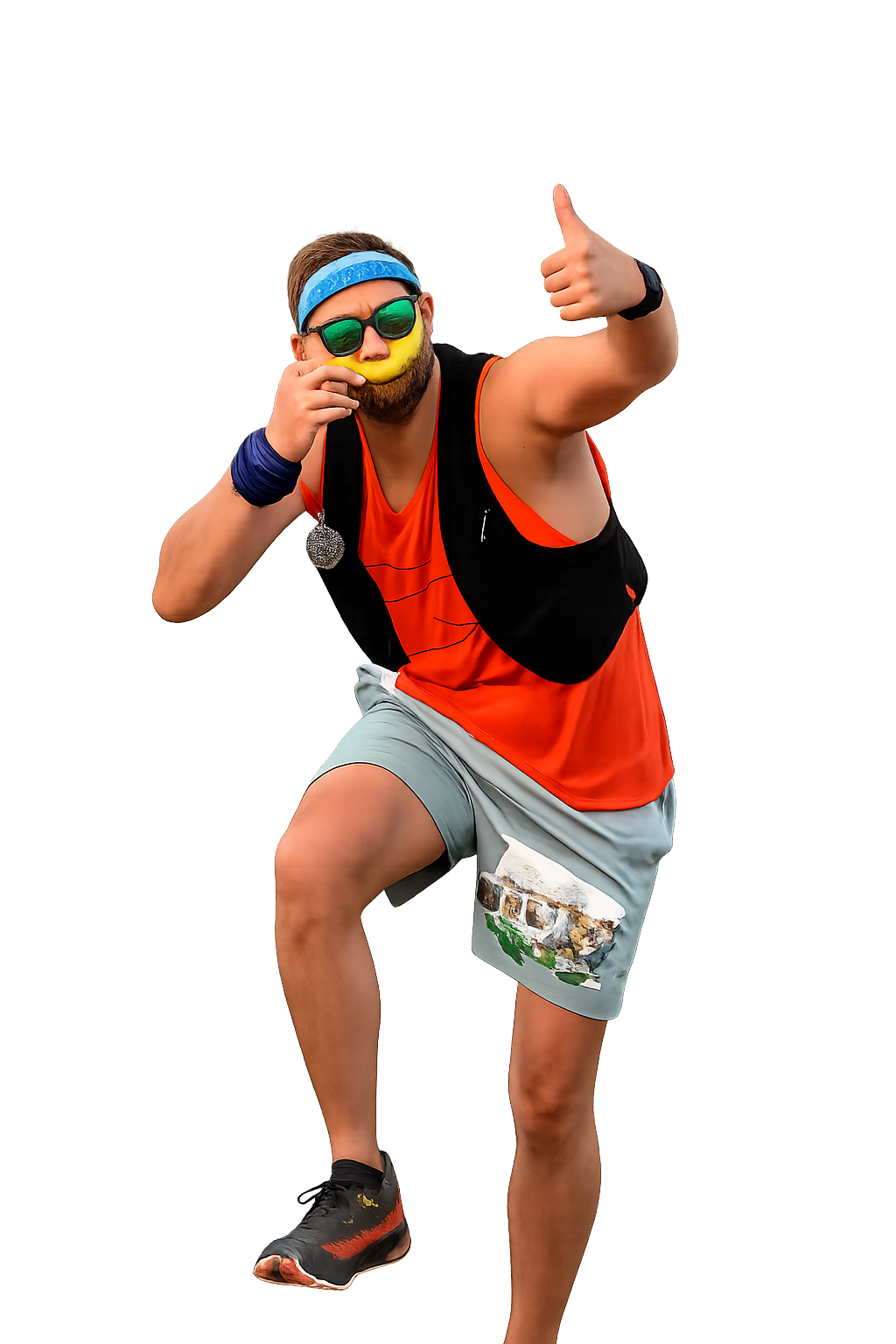 A man dressed in colorful, sporty attire, wearing sunglasses and a headband, holding a yellow object to his face, and giving a thumbs-up.