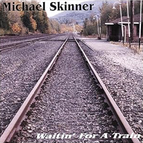 Train tracks extending into the distance with a small station on the right and trees in the background.