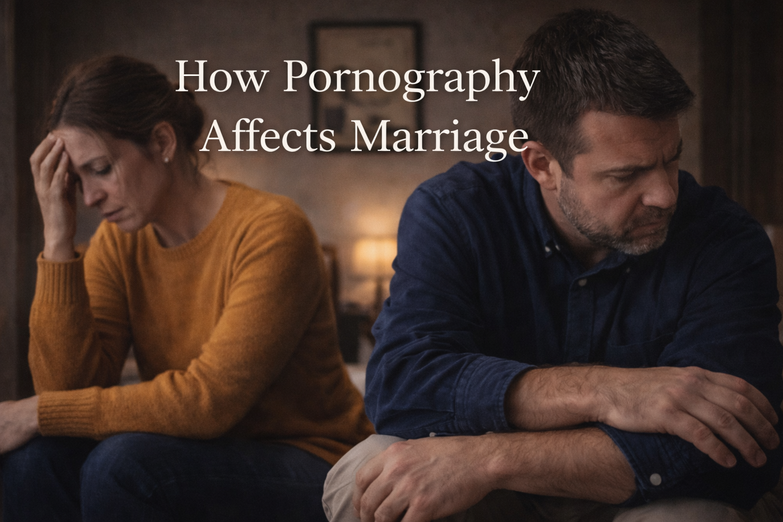 A distressed woman with her hand on her forehead and a man with a pensive expression sitting apart in a dimly lit room, conveying emotional tension.