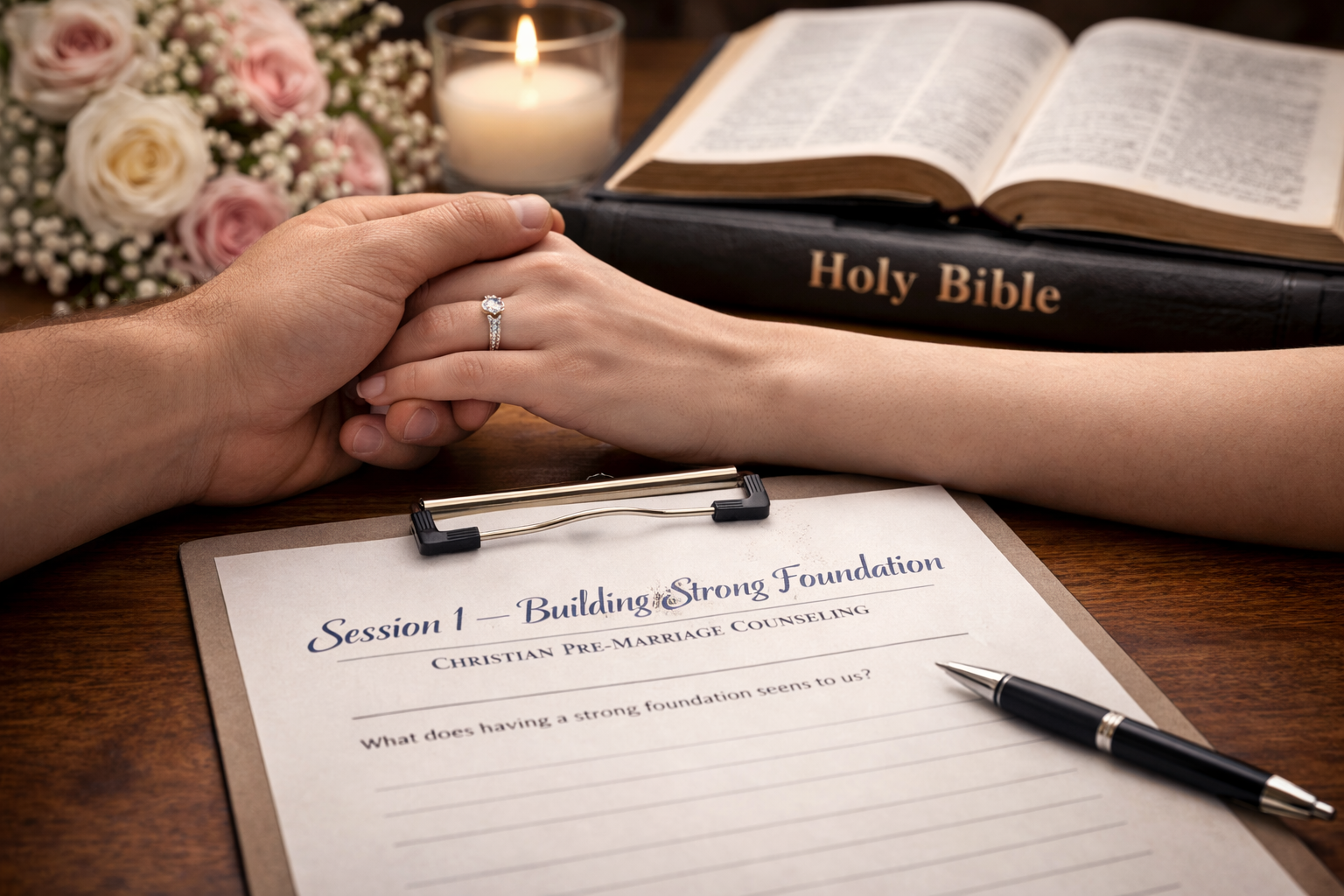 Two hands holding each other, one wearing a ring with a large gemstone, in front of an open Bible, a lit candle, and a bouquet of pink and white roses on a wooden table, with a paper titled 'Session 1 - Building a Strong Foundation' for Christian pre-marriage counseling.
