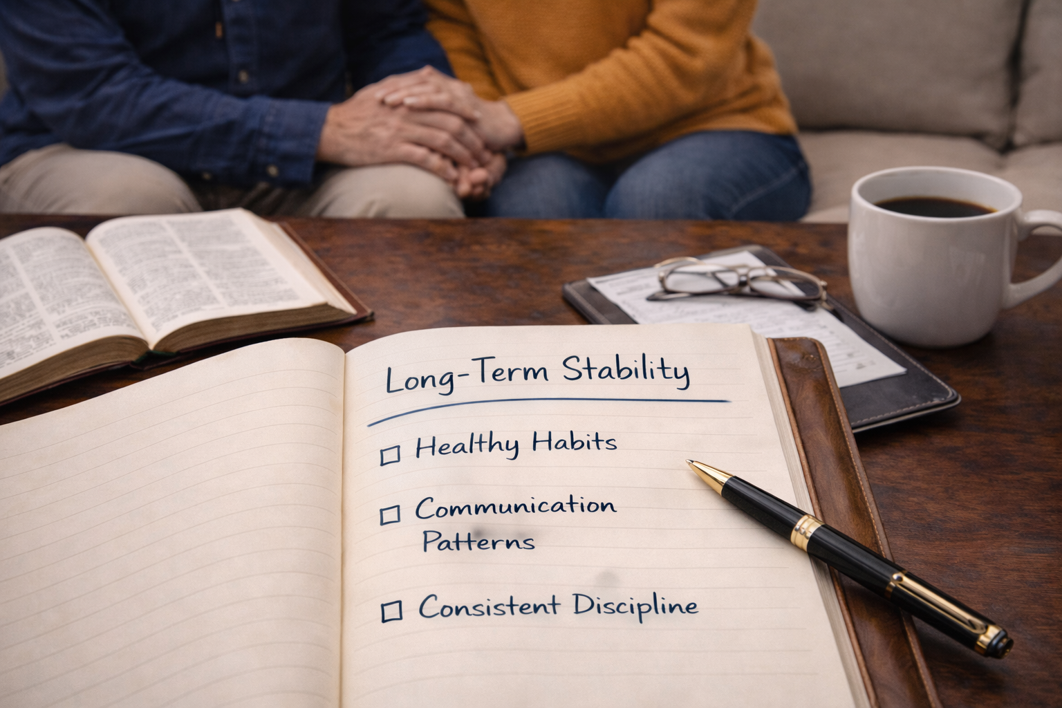 A notebook with the heading 'Long-Term Stability' and a checklist including 'Healthy Habits,' 'Communication Patterns,' and 'Consistent Discipline,' placed on a wooden table along with a pen, a pair of glasses, and a cup of coffee. In the background, two people are holding hands.