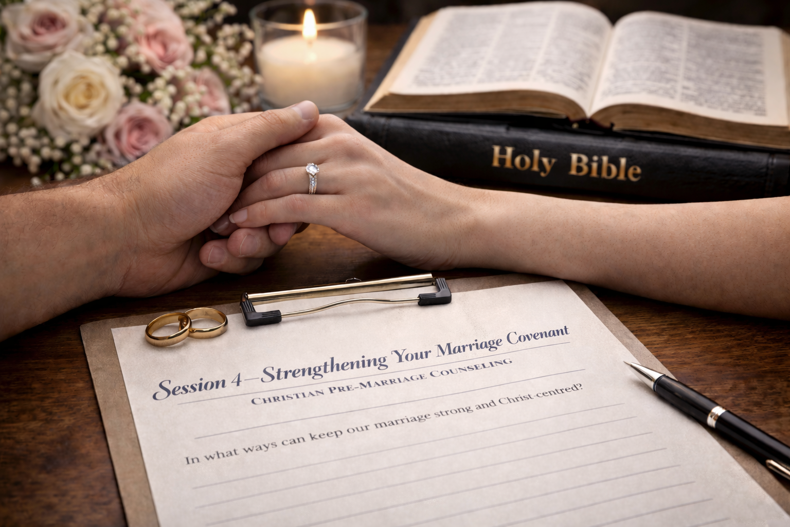 Two people holding hands with wedding rings on fingers, a Bible, a candle, and a flower bouquet on a wooden table, with a marriage counseling worksheet titled 'Session 4 - Strengthening Your Marriage Covenant'.