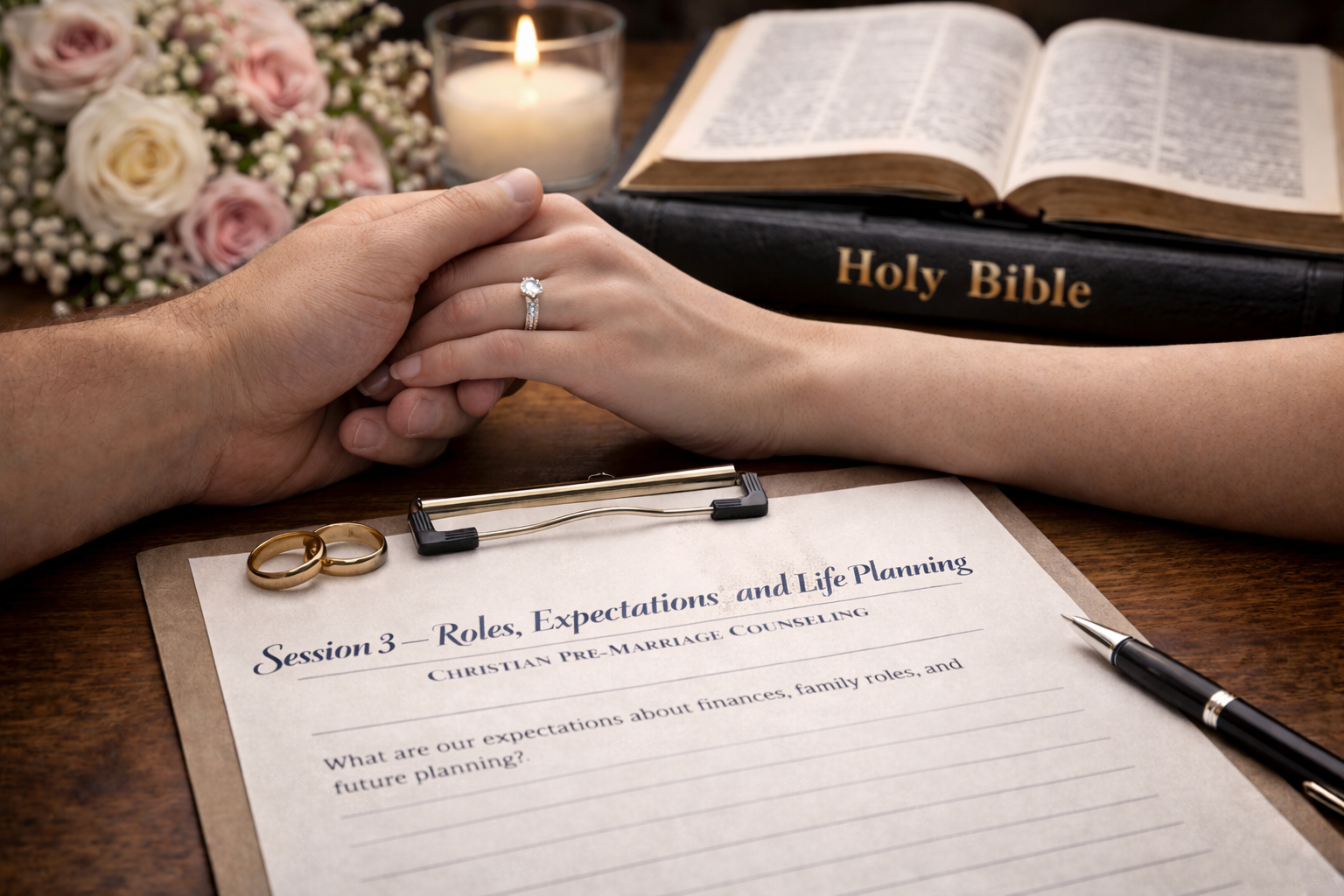 A wedding proposal scene with two hands holding each other, one wearing an engagement ring. In the background, there is a Bible, an open book, a candle, a bouquet of pink and white roses, a pin, a pen, and a sheet of paper titled 'Session 3 - Roles, Expectations and Life Planning' for Christian pre-marriage counseling.
