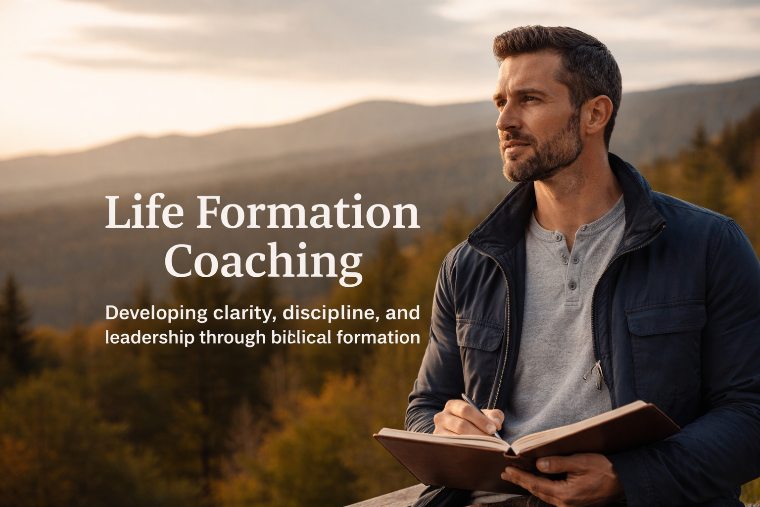 A man outdoors in nature, holding a notebook and pen, looking thoughtfully into the distance, with mountains and trees in the background during sunset.