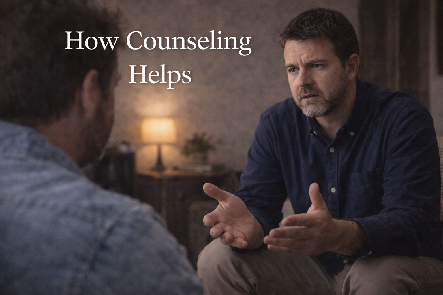 Two men having a conversation in a dimly lit room, one is counseling the other, with the text 'How Counseling Helps' on the image.