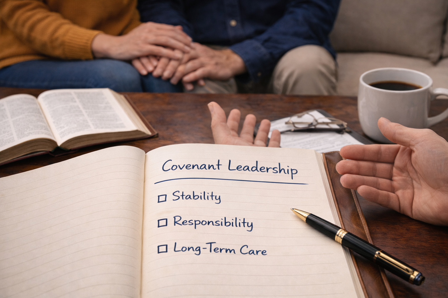 A person taking notes in a notebook labeled 'Covenant Leadership' with checked items: stability, responsibility, long-term care. A pen is placed on the notebook. In the background, there is a large mug of coffee, an open Bible, and glasses on a table. Two people are sitting behind, holding hands.