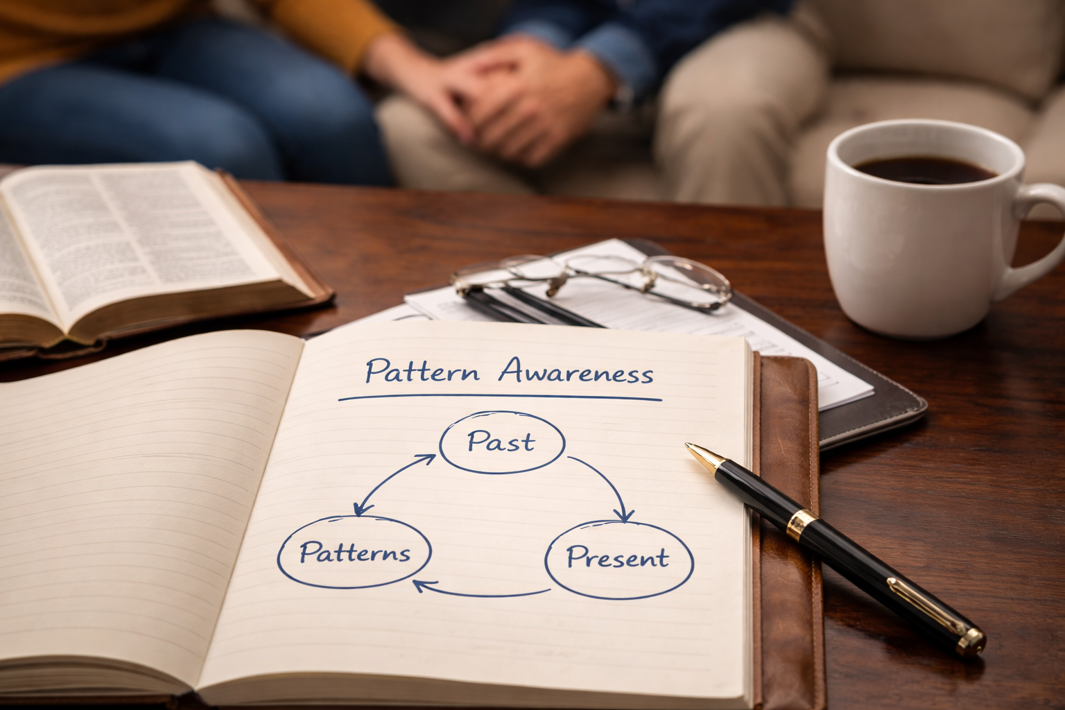 Open notebook with a diagram titled 'Pattern Awareness' showing the cycle of Past, Patterns, and Present. Other items on the table include a pen, glasses, an open Bible, a coffee mug, and some papers. In the background, two people are sitting close together on a couch with their hands intertwined.