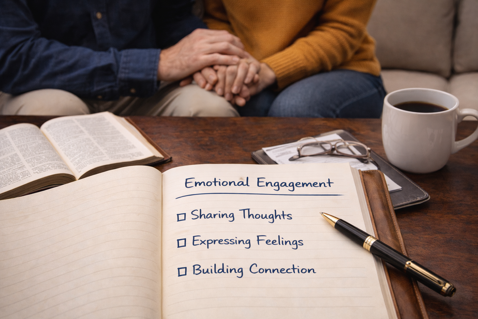 Open notebook with 'Emotional Engagement' written at the top, followed by checked boxes for 'Sharing Thoughts', 'Expressing Feelings', and 'Building Connection', on a wooden table with a coffee mug, reading glasses, and another open book. Two people are sitting in the background, holding hands.
