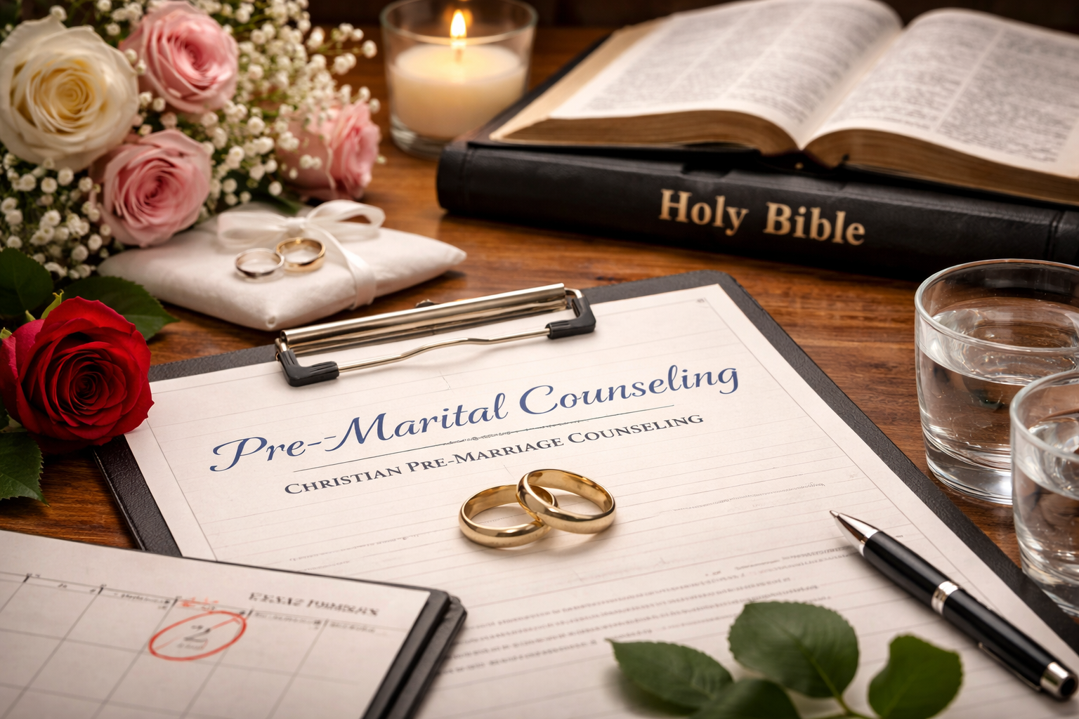 A table with a pre-marital counseling document, wedding rings, flowers, a Bible, a candle, glasses of water, a pen, and a planner.