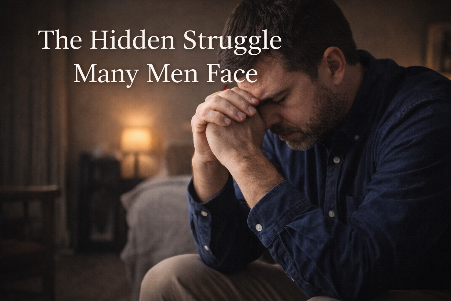 A man sitting on a bed, holding his head in his hands, appearing distressed, in a dimly lit room with a lamp on a nightstand.