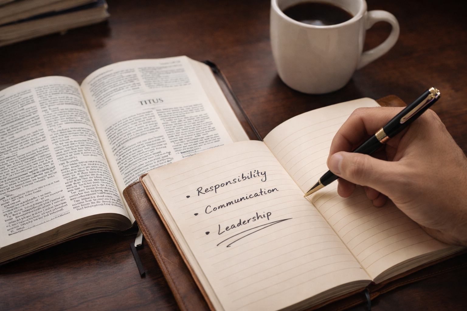 Handwriting on a notebook page listing 'Responsibility,' 'Communication,' and 'Leadership' with a pen, on a wooden desk next to an open Bible and a cup of coffee.