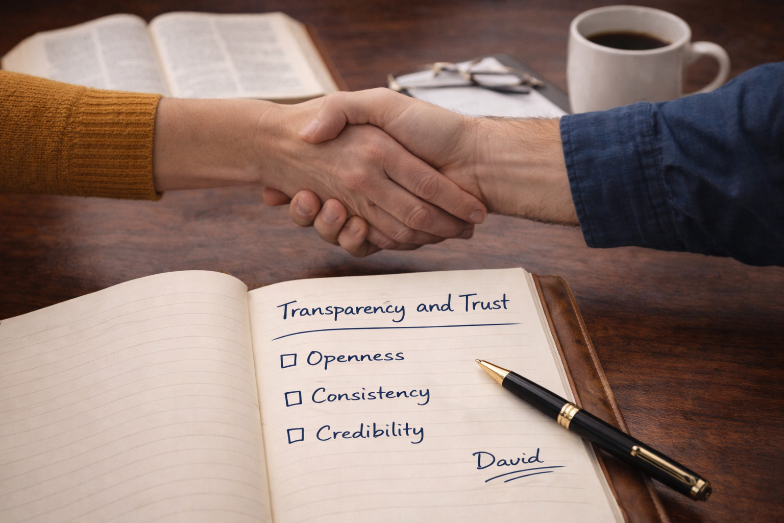 Two people shaking hands over a table with a notebook titled 'Transparency and Trust' listing qualities such as openness, consistency, and credibility, a pen, a cup of coffee, and an open Bible.