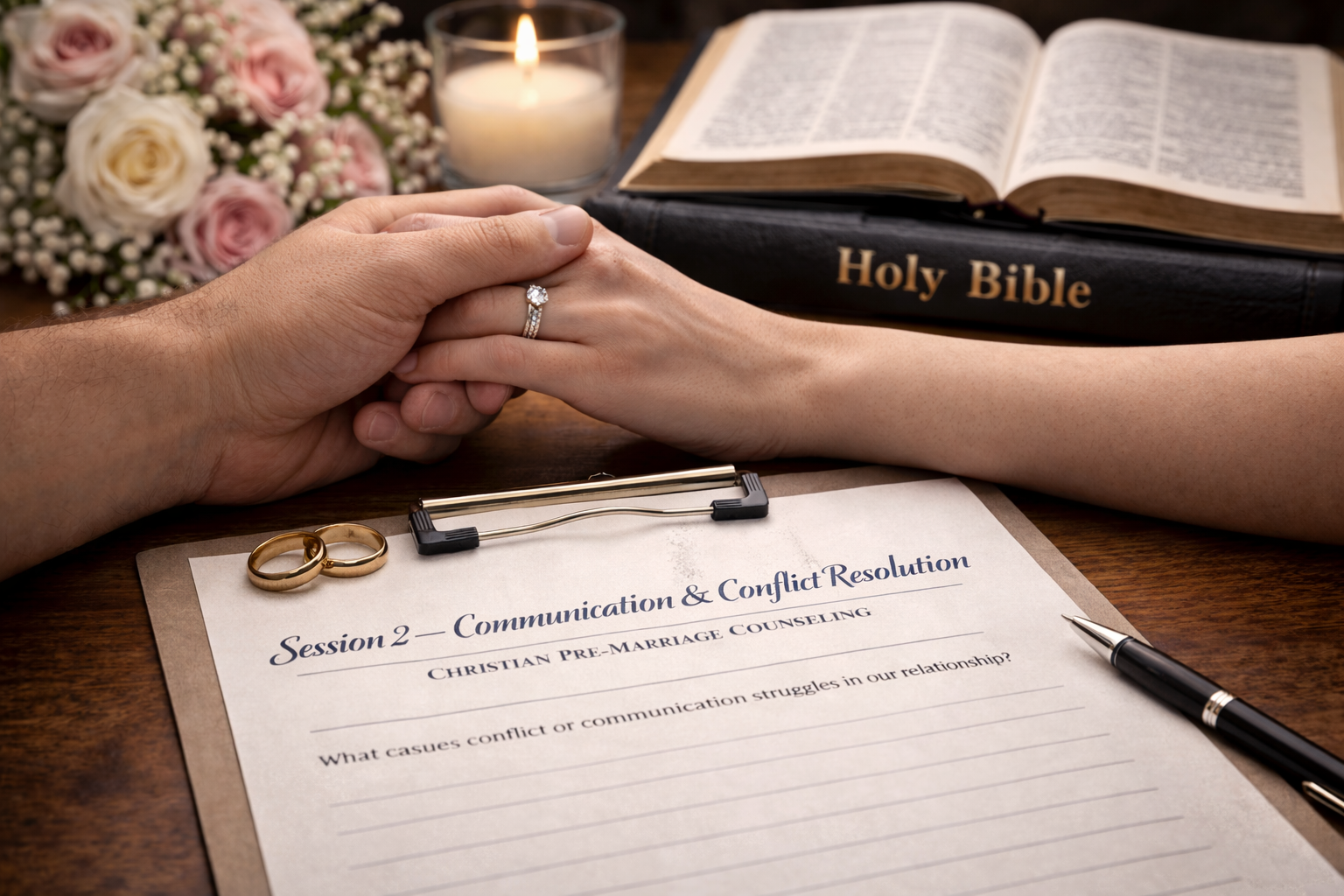 A hand with a wedding ring holding another person's hand on a table with a document titled 'Session 2 — Communication & Conflict Resolution' for Christian pre-marriage counseling, a pen, a pair of wedding rings, a bouquet of pink and white roses, a lit candle, an open Holy Bible, and a clipboard.