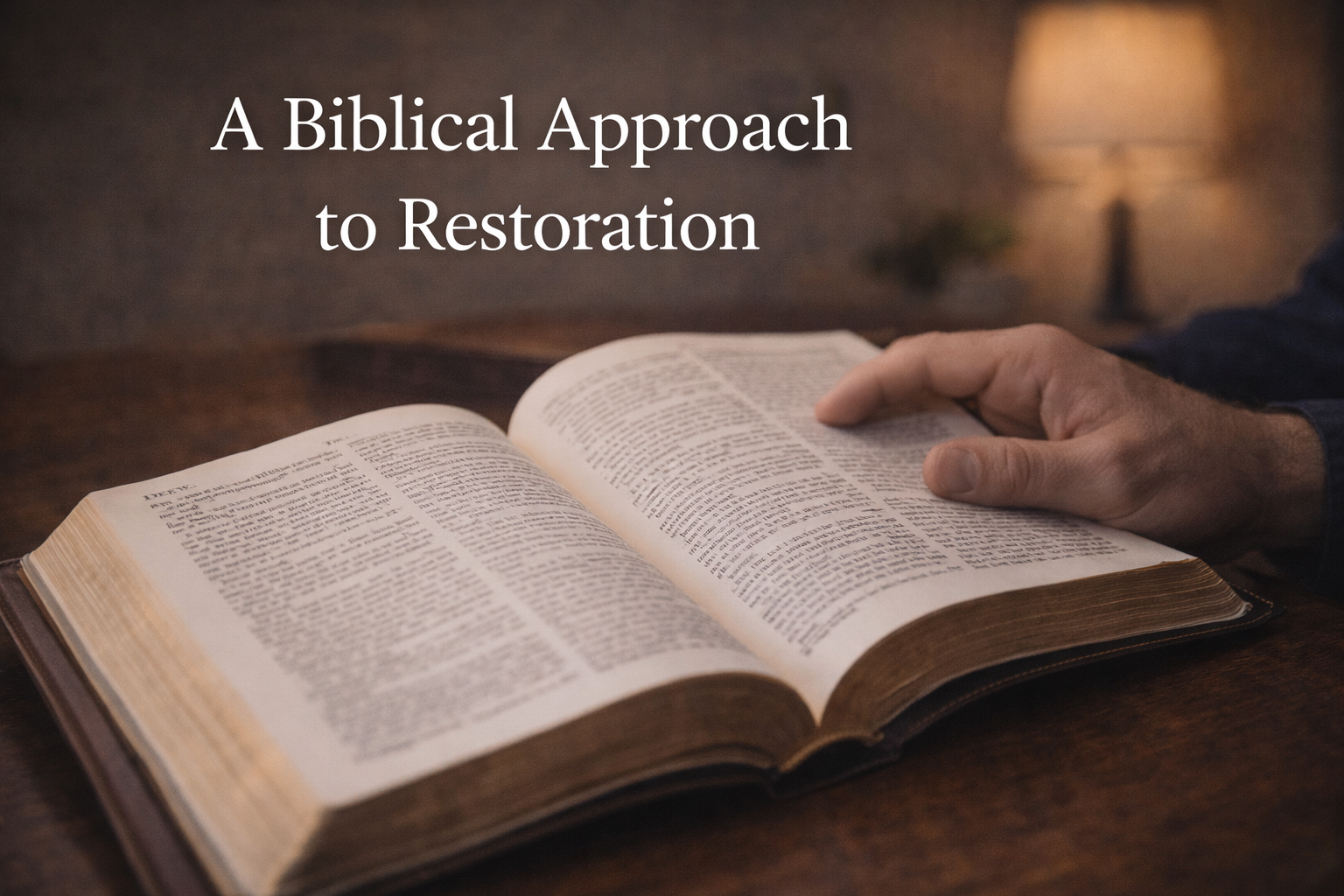 Open Bible on a wooden table with a hand turning page, and text overlay reading 'A Biblical Approach to Restoration'.