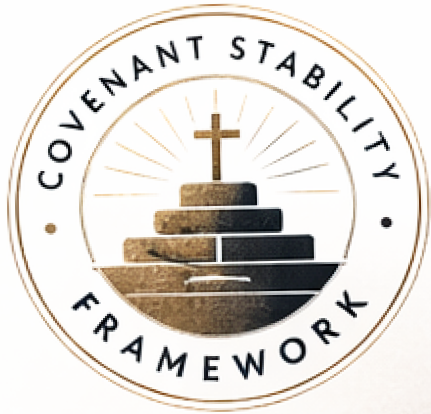 Logo with a cross on a stepped stone altar, radiating lines behind it, with the text 'Covenant Stability Framework' encircling it.