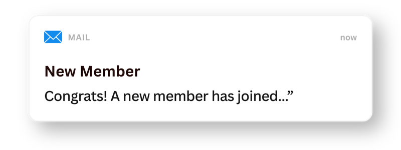 Email notification celebrating a new member joining.
