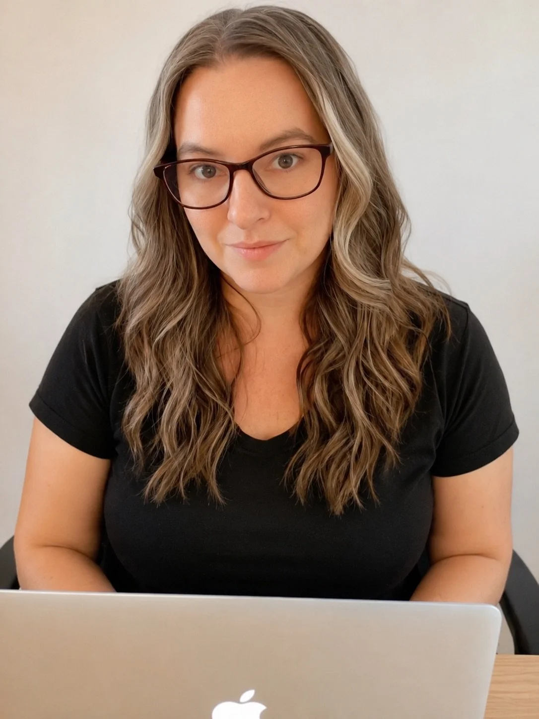 Rebecca Richards with long wavy hair wearing glasses and a black shirt sitting at a desk with an open MacBook laptop in front of her, against a plain light-colored wall.