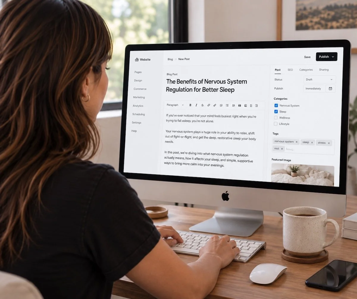 A woman with brown hair working on an iMac showing a blog post titled 'The Benefits of Nervous System Regulation for Better Sleep.'