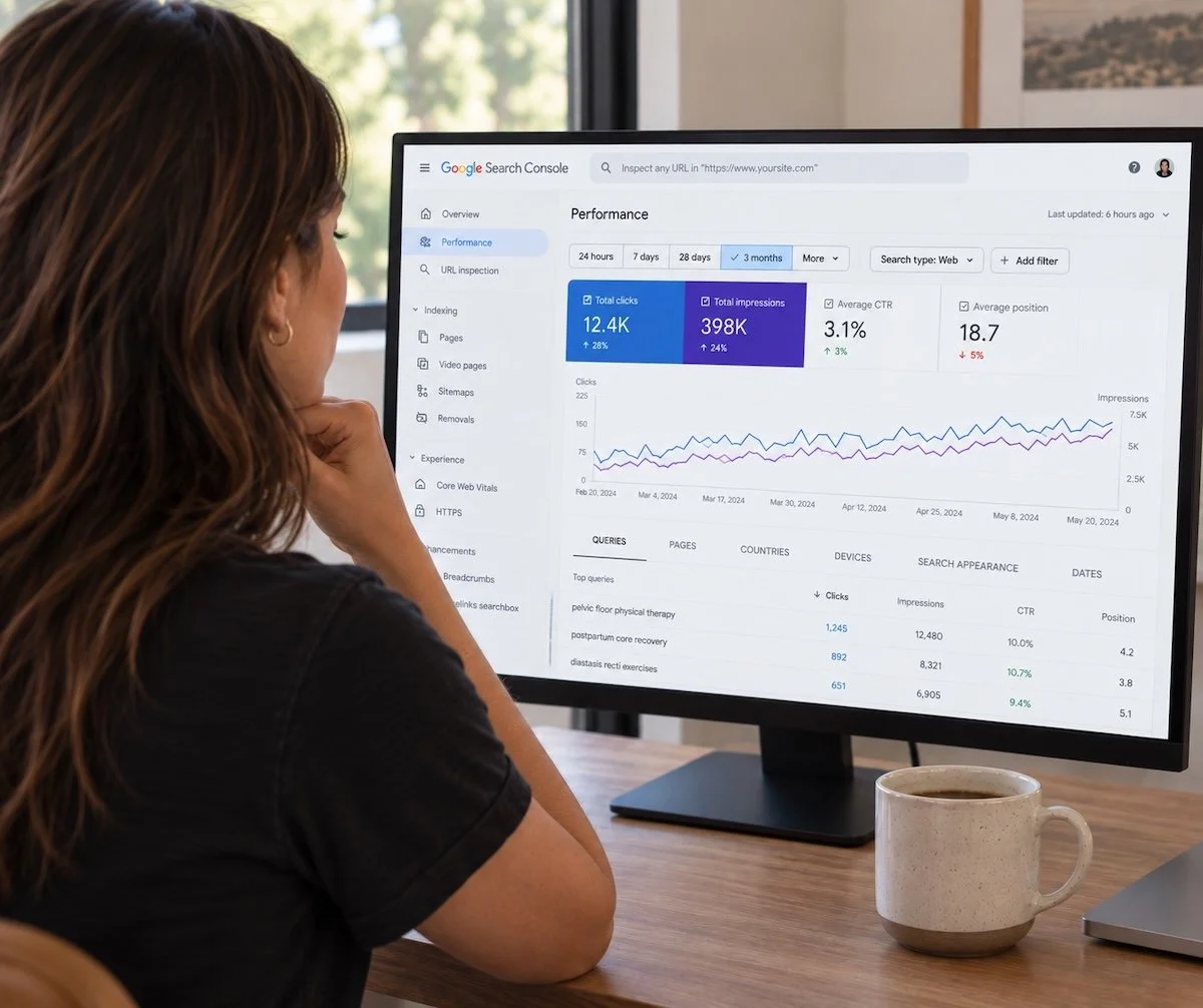 A woman is looking at a computer screen displaying Google Search Console data with site performance metrics.
