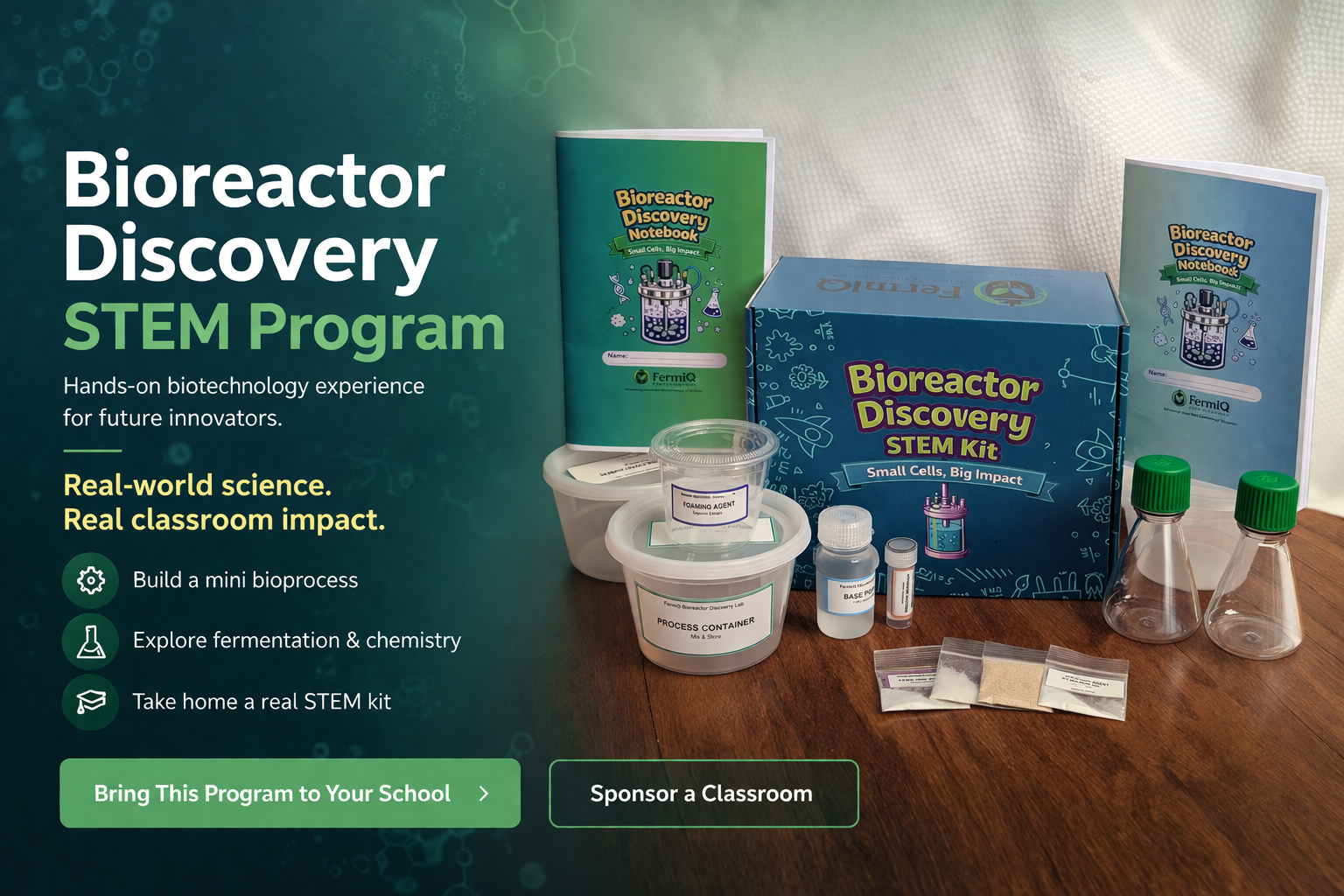 Bioreactor Discovery STEM Kit with lab supplies and instructional booklets on a wooden table, promoting hands-on biotechnology education for students.