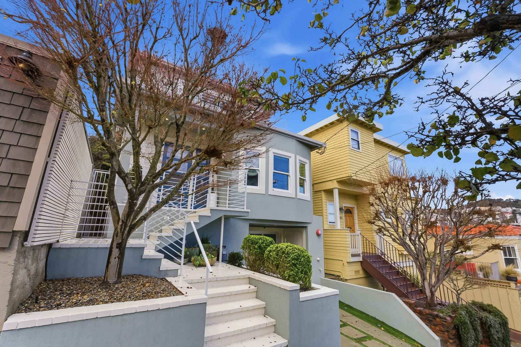 Colorful residential buildings with trees and stairs
