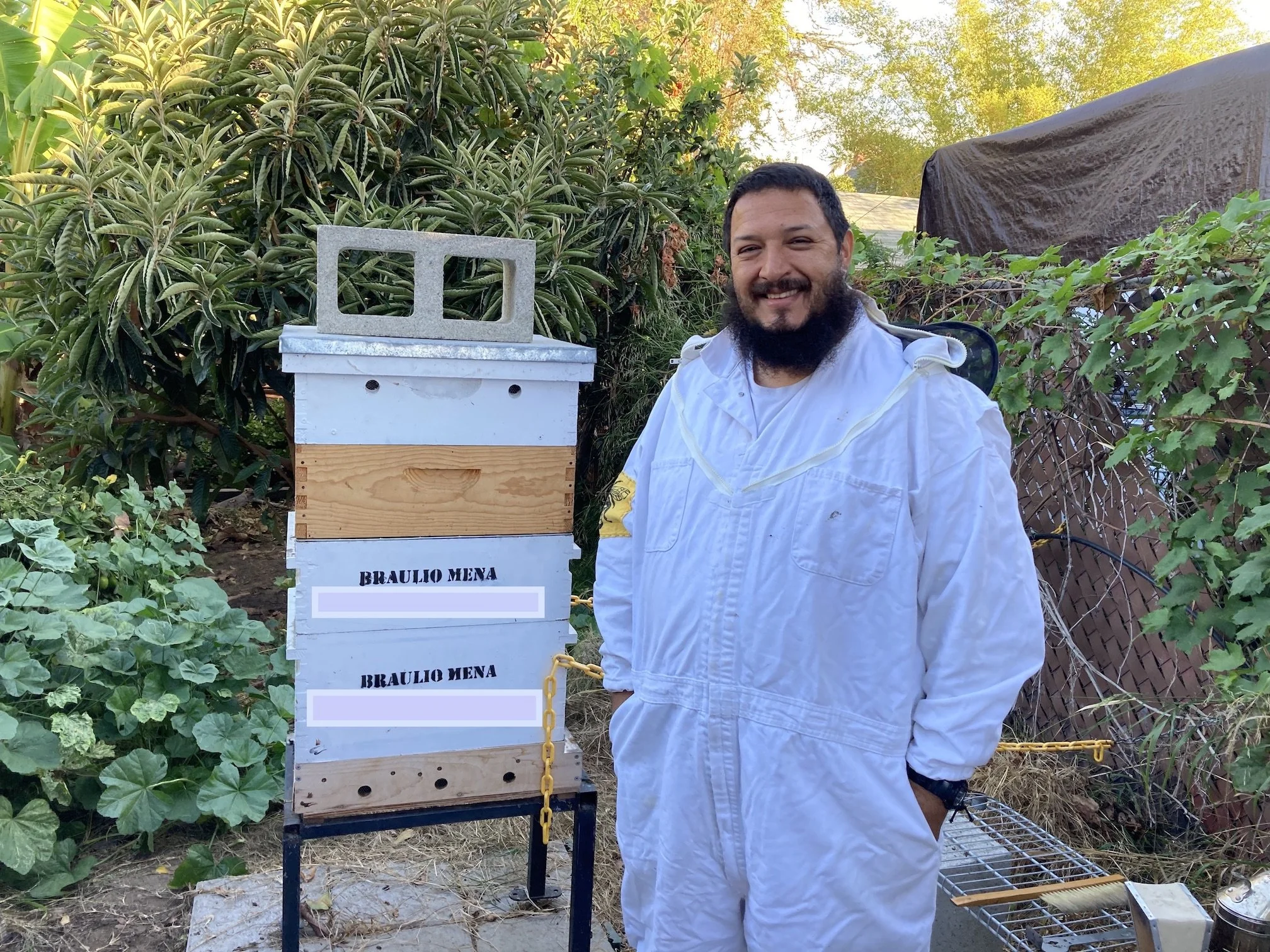 Photo of person next to beehives