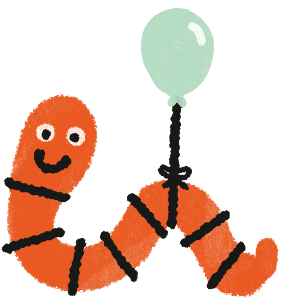 Illustration of smiling worm tied to a balloon