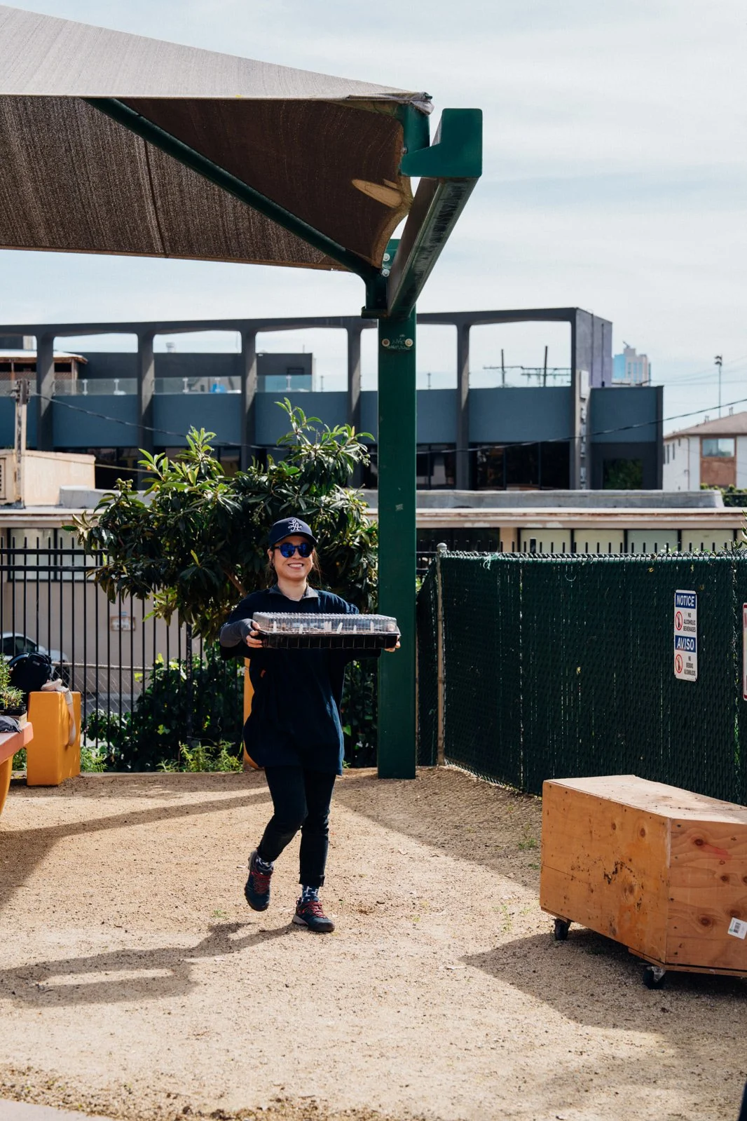 Person carrying tray of seedlings while smiling