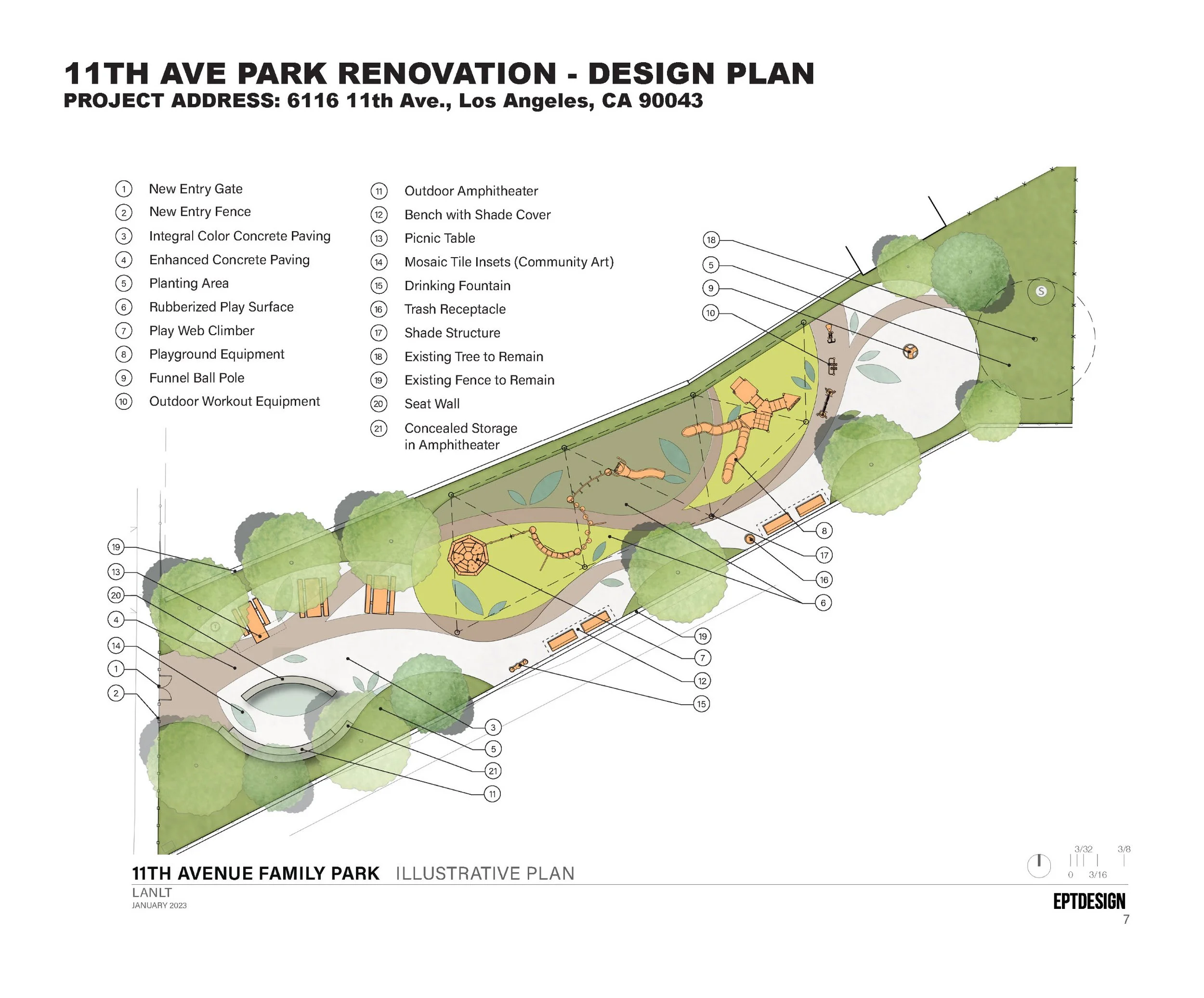 Planning diagram of 11th Avenue Park Renovation showing planting area, play web climber, outdoor amphitheatre and more