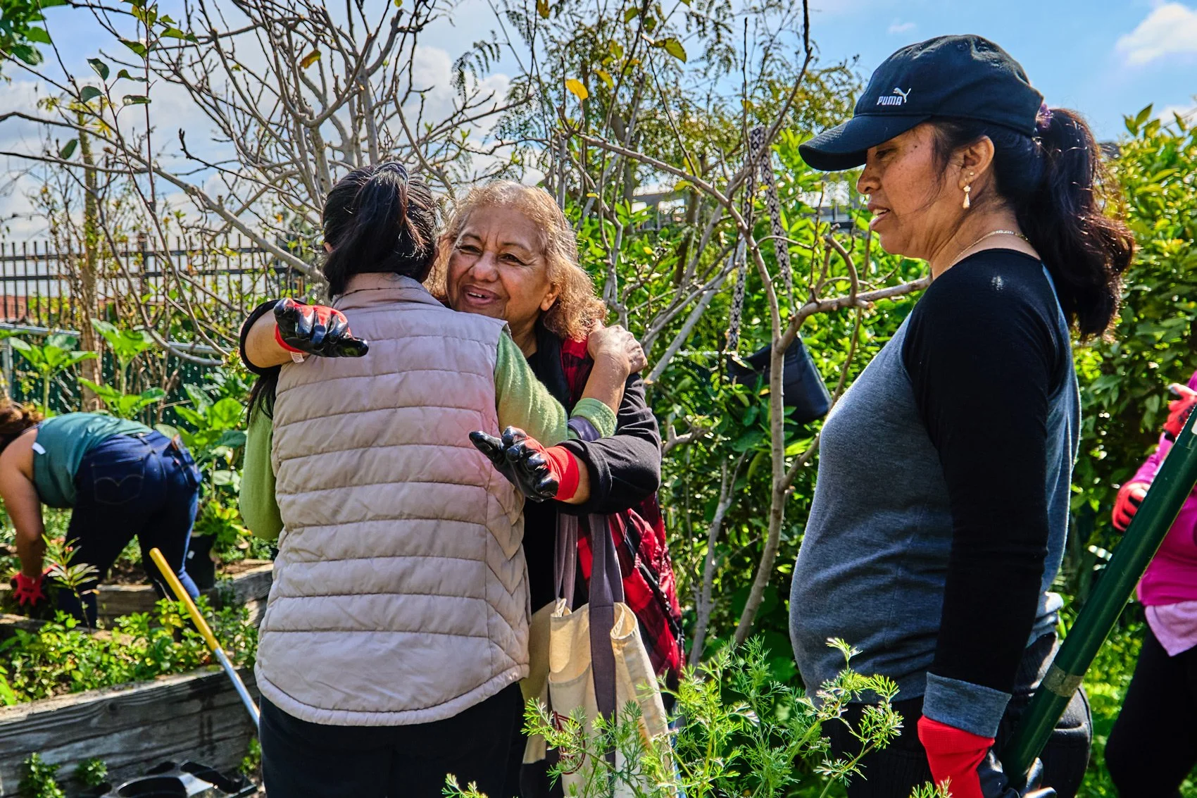 Photo of two people hugging in a community garden