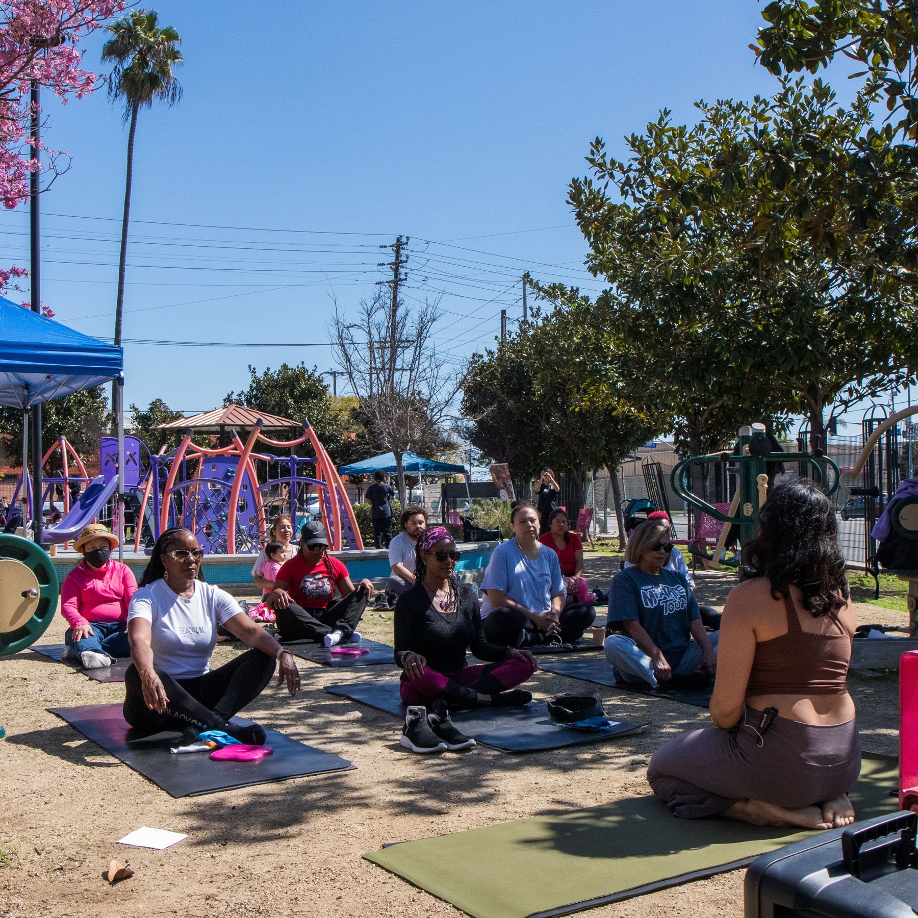 Photo of people on yoga mats in a park