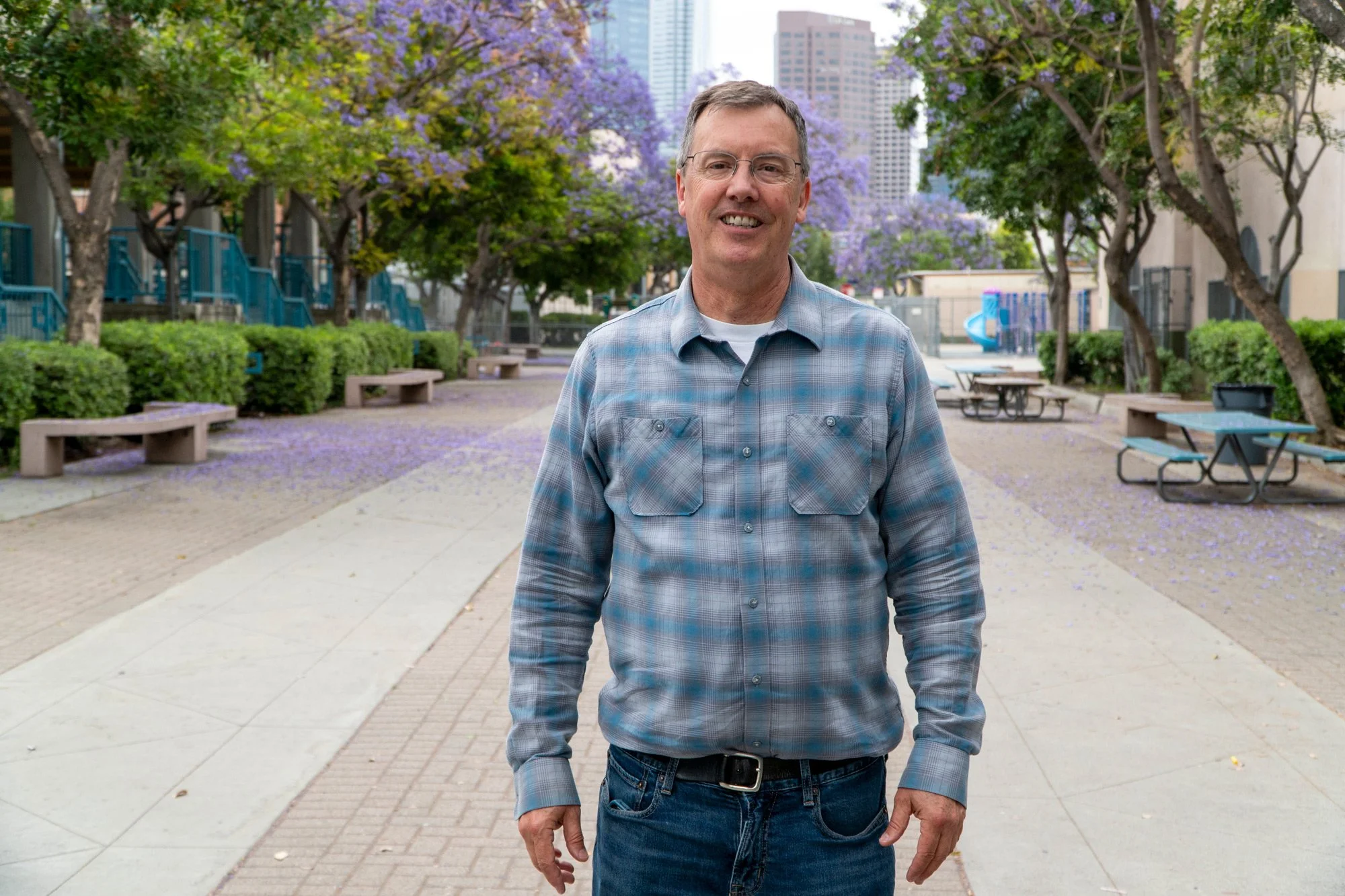 Photo of Principal of Esperanza Elementary School in front of park
