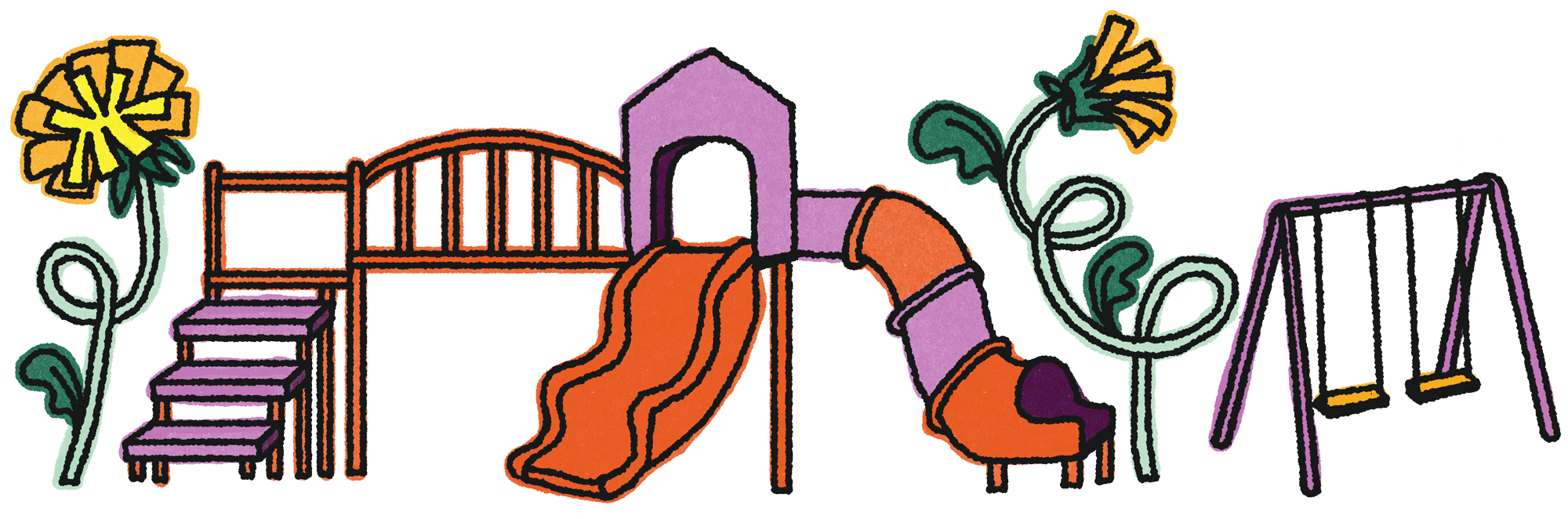 Illustration of playground with large flowers